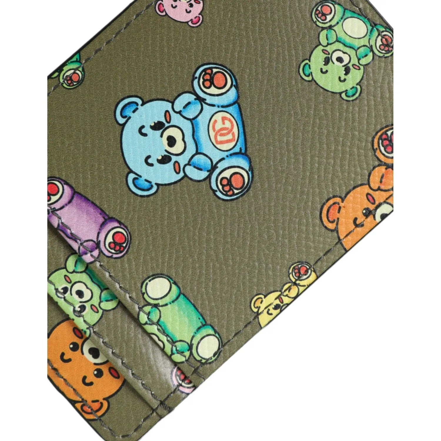 Dolce & Gabbana Army Green Teddy Bear Leather Women Card Holder Wallet