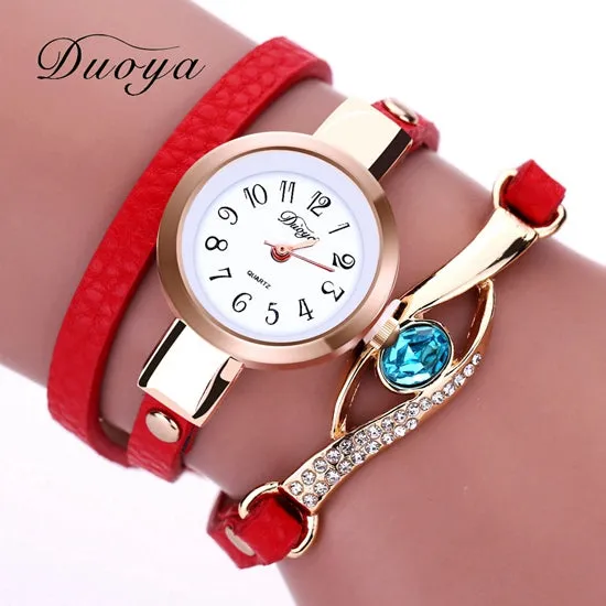 Duoya Brand Watch Women Luxury Gold Eye Gemstone Dress Watches Women Gold Bracelet Watch Female Leather Quartz Wristwatches