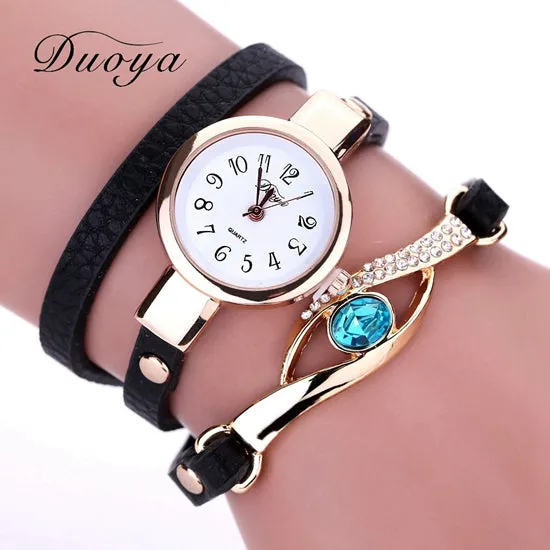 Duoya Brand Watch Women Luxury Gold Eye Gemstone Dress Watches Women Gold Bracelet Watch Female Leather Quartz Wristwatches