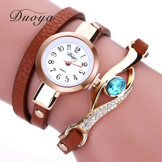 Duoya Brand Watch Women Luxury Gold Eye Gemstone Dress Watches Women Gold Bracelet Watch Female Leather Quartz Wristwatches