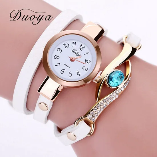 Duoya Brand Watch Women Luxury Gold Eye Gemstone Dress Watches Women Gold Bracelet Watch Female Leather Quartz Wristwatches