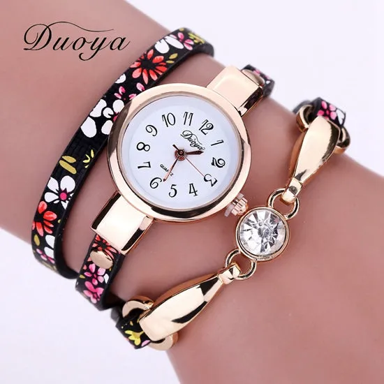 Duoya Luxury Women Brand Thin Leather Rose Gold Bracelet Watch Women Crystal Quartz Wristwatch Montre Female Women Girl Watch