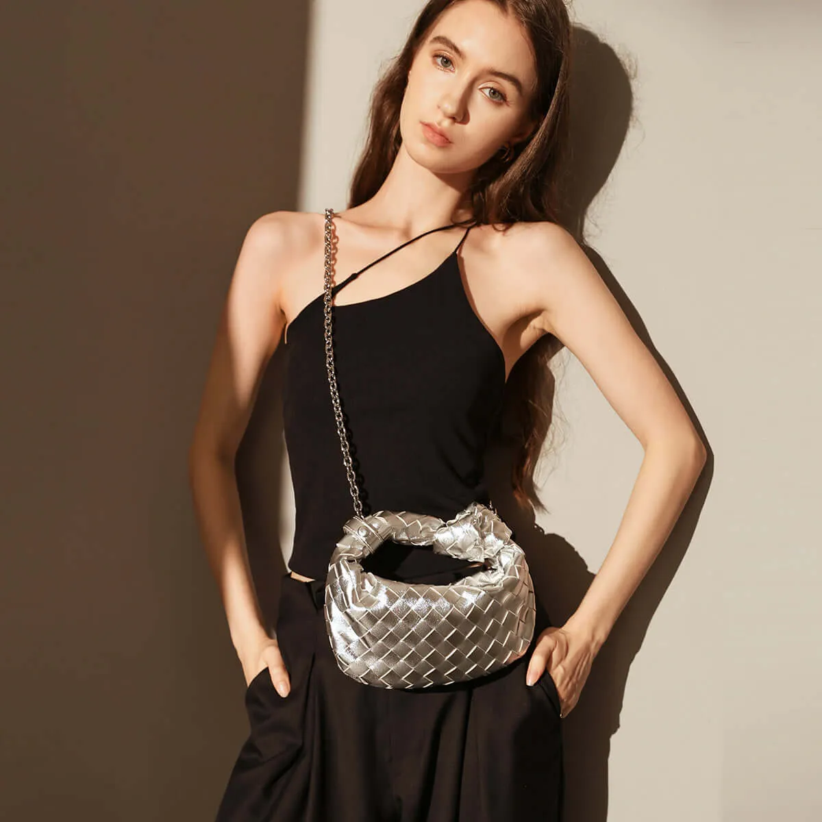 Gala Woven Metallic Silver Knot Bag