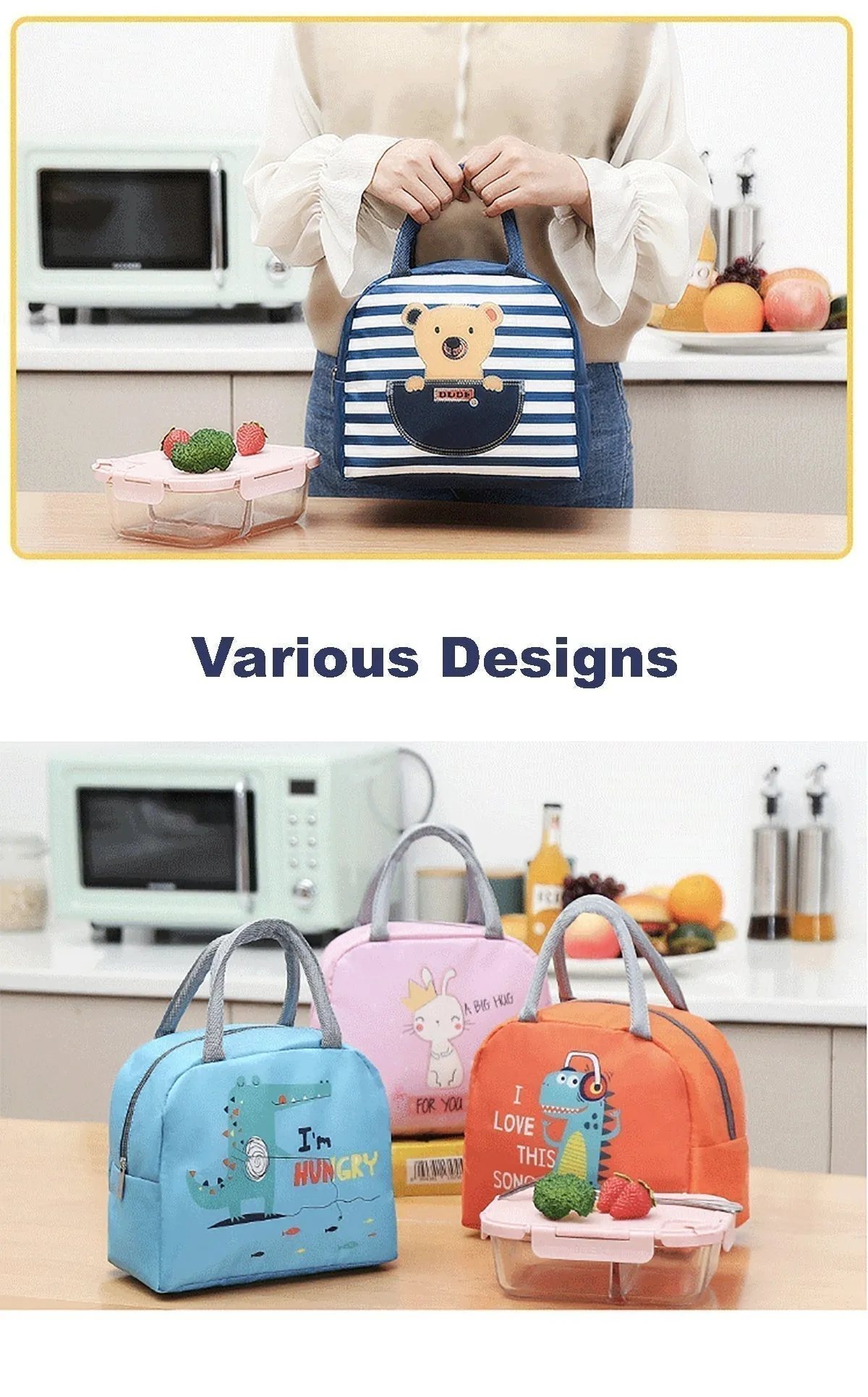 Lunch Box Insulated Bag Soft Leakproof Lunch Bag for Kids Men Women, Durable Thermal Lunch Pail for School Work Office | Fit 6 Cans-Coffee Bear