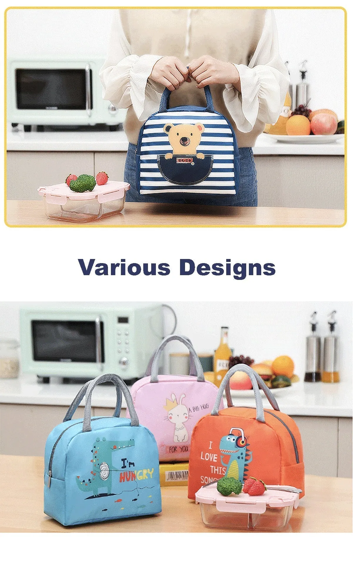 Lunch Box Insulated Bag Soft Leakproof Lunch Bag for Kids Men Women, Durable Thermal Lunch Pail for School Work Office | Fit 6 Cans-Navy Blue Bear