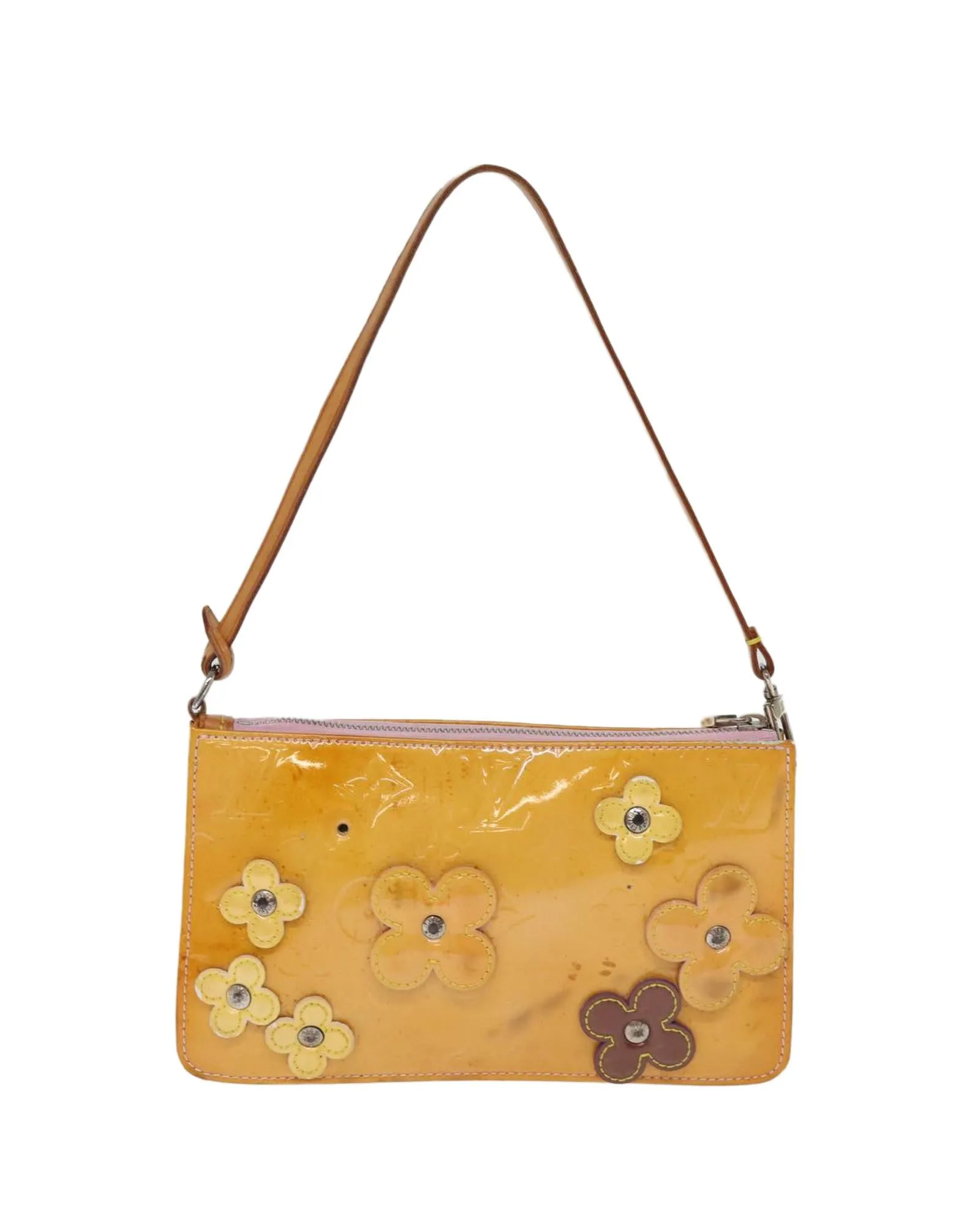 Patent Leather Flower Accessory Pouch with Surface Rubbing and Scratches