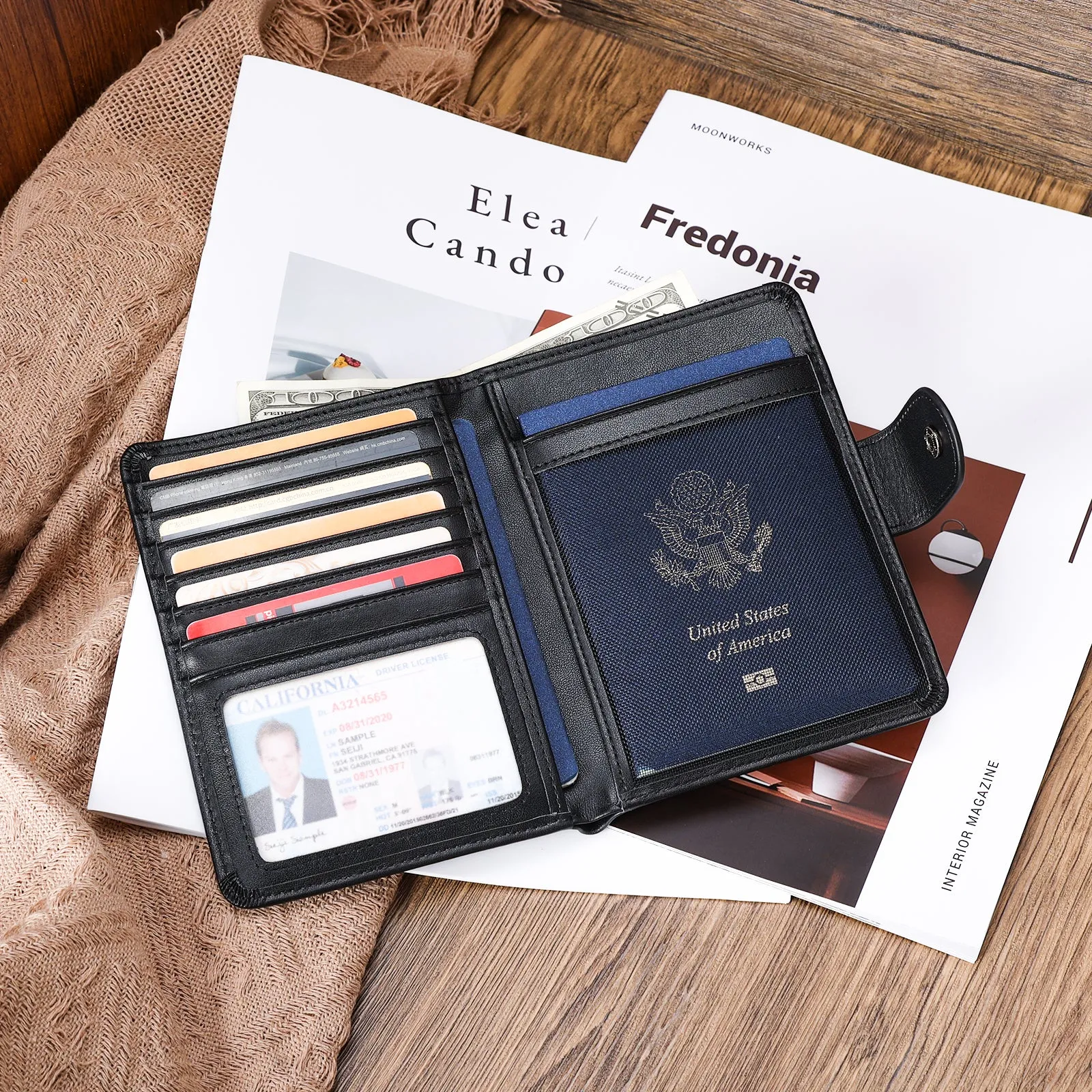 Polare Full Grain Leather Snap Bifold Travel Passport Holder Men's Slim RFID Blocking Passport Wallet (Dark Brown/Black)