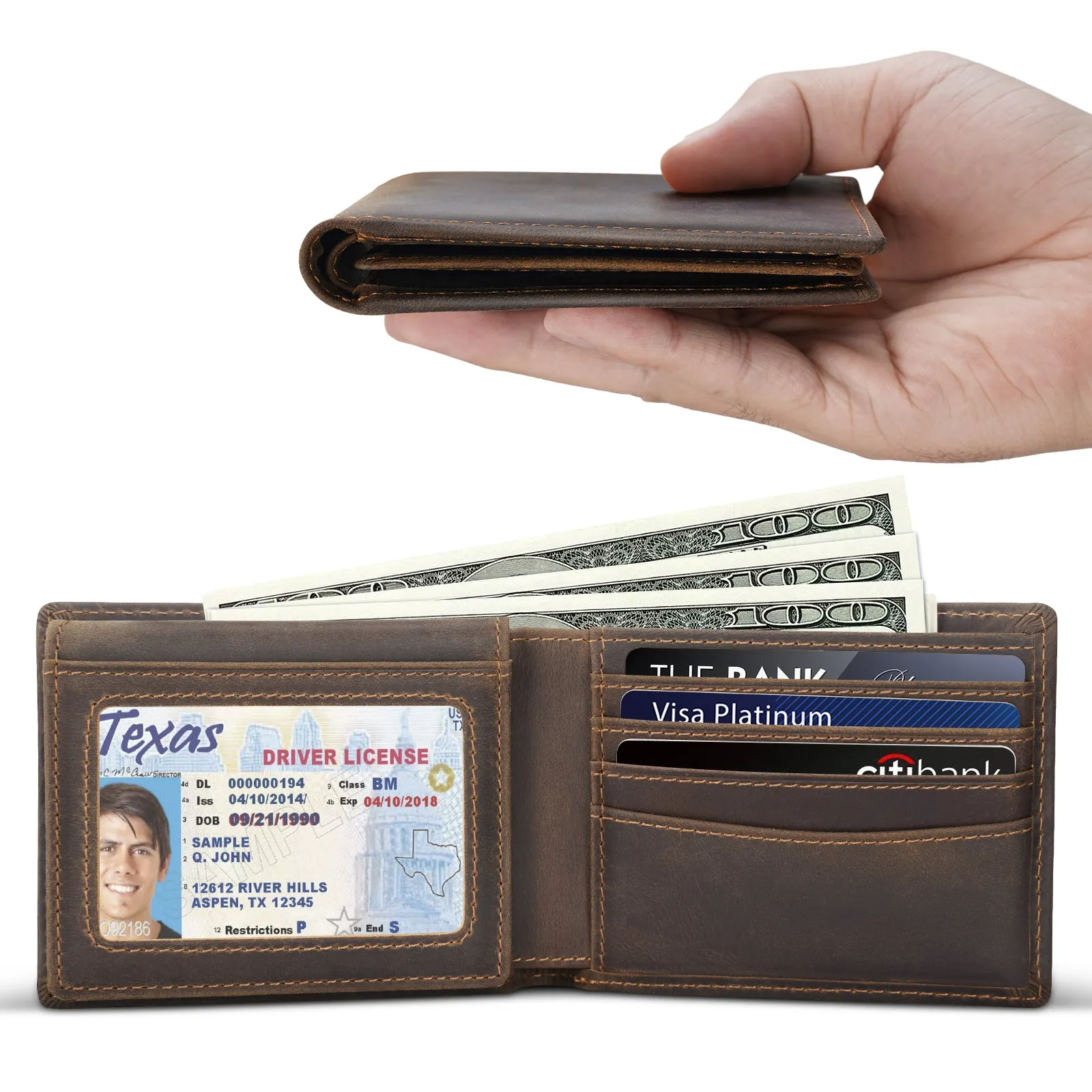 Polare RFID Blocking Cowhide Leather Bifold Wallet For Men with 2 ID Windows