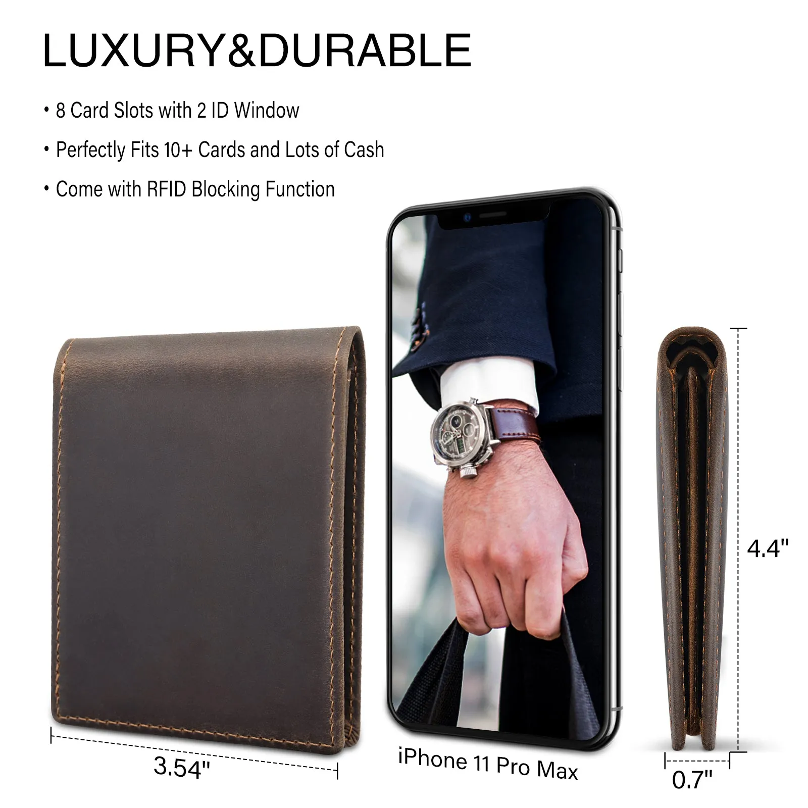 Polare RFID Blocking Cowhide Leather Bifold Wallet For Men with 2 ID Windows