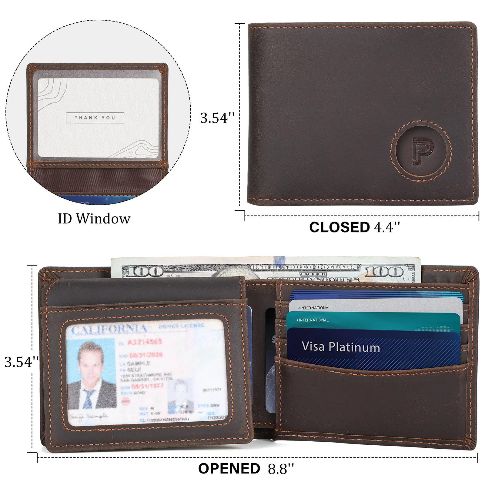 Polare RFID Blocking Cowhide Leather Bifold Wallet For Men with 2 ID Windows