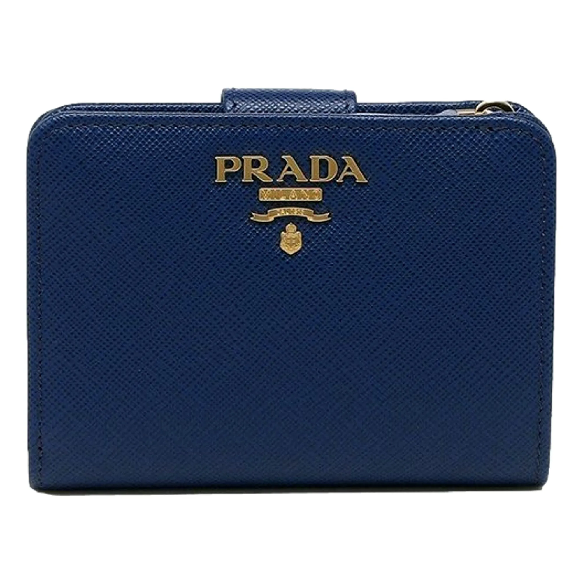 Prada Saffiano Metal Compact Wallet Bluette Blue Multicolor Gold Hardware