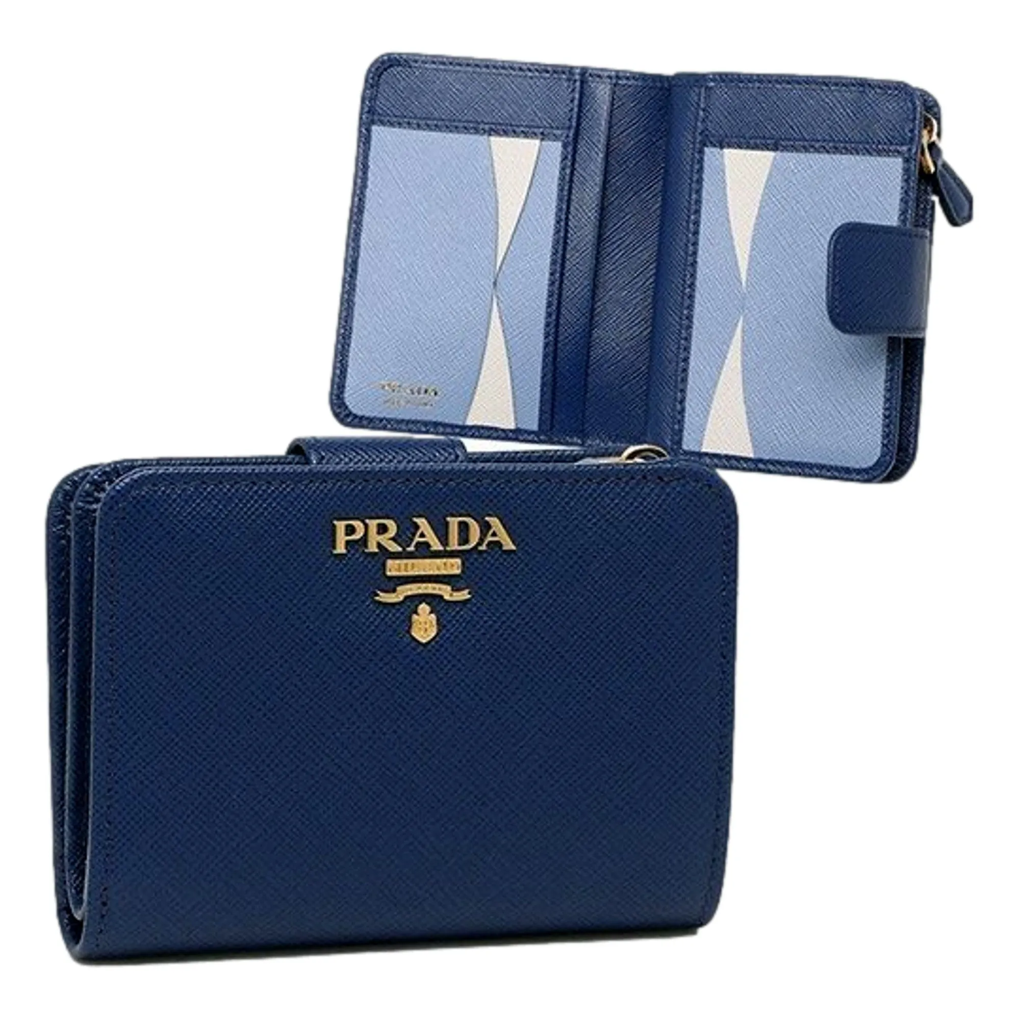 Prada Saffiano Metal Compact Wallet Bluette Blue Multicolor Gold Hardware