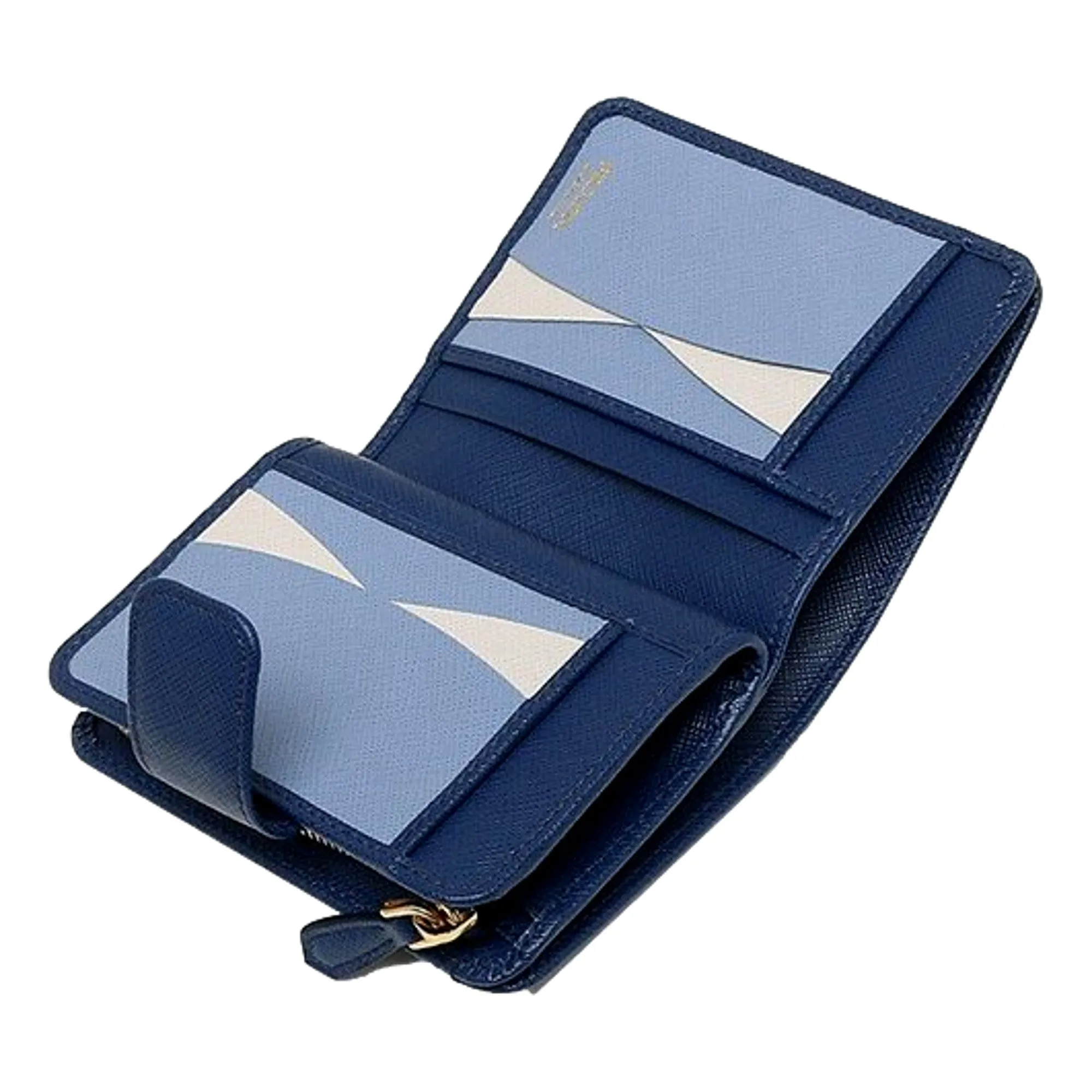 Prada Saffiano Metal Compact Wallet Bluette Blue Multicolor Gold Hardware