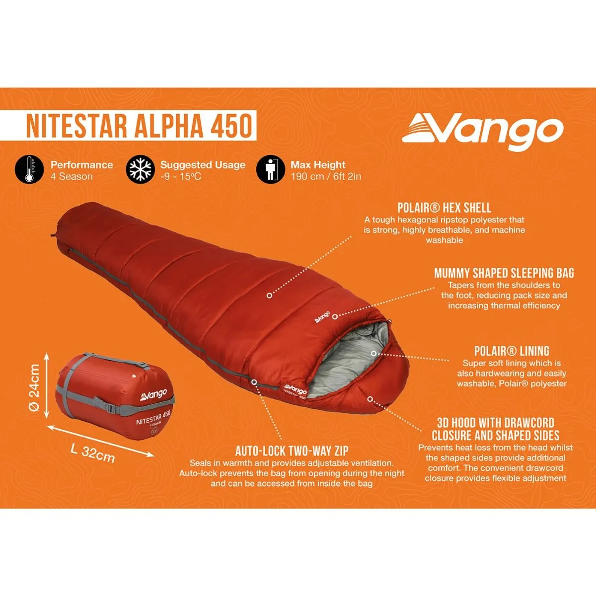 Vango Nitestar Alpha 450 Children's Sleeping Bag in Harissa (4 Season / 210cm long)