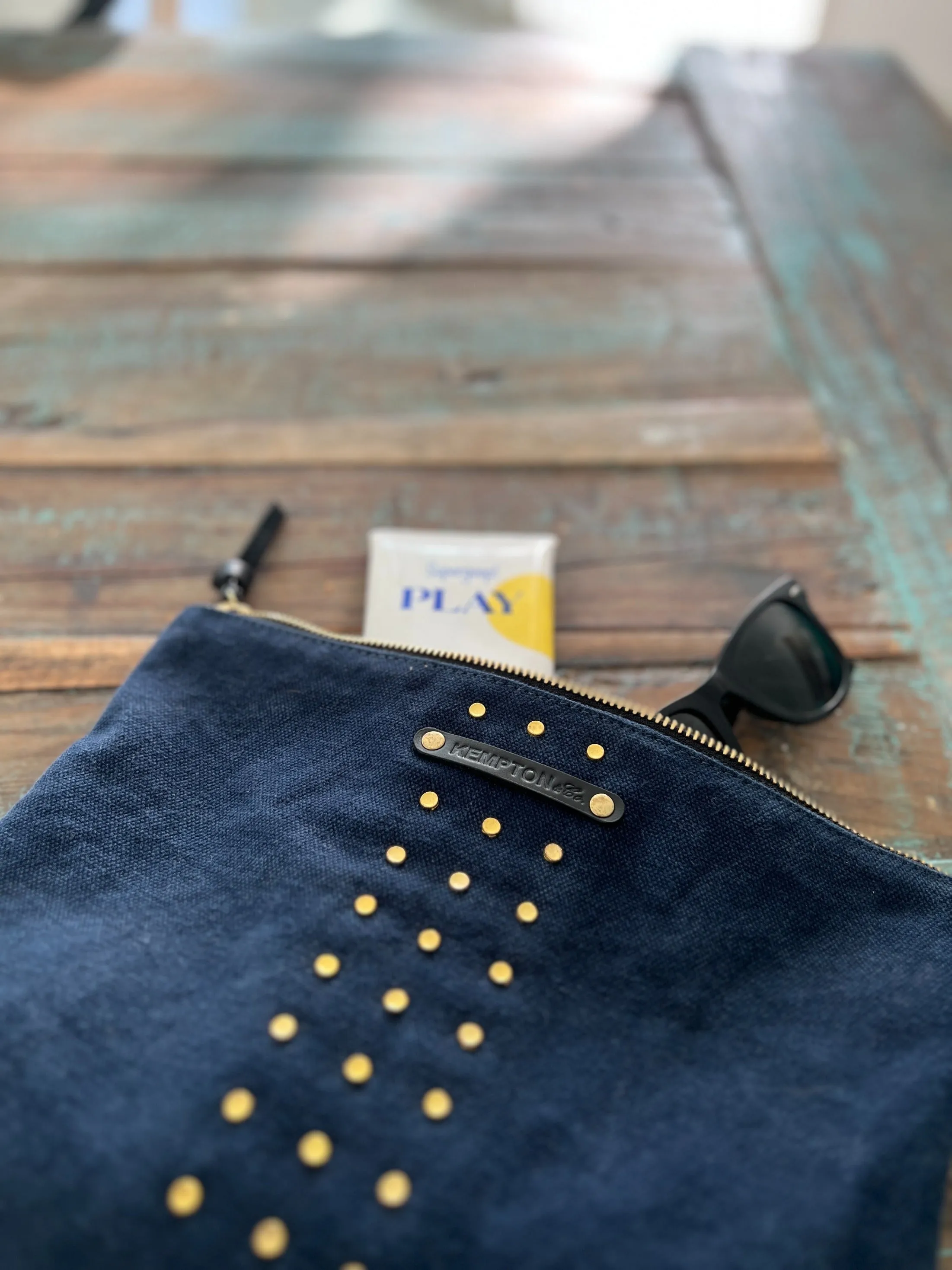 Washed Navy Studded Medium Canvas Pouch