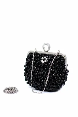 Womens Hand Beaded Pearl Clutch Bag Wedding Bride Bridal Black